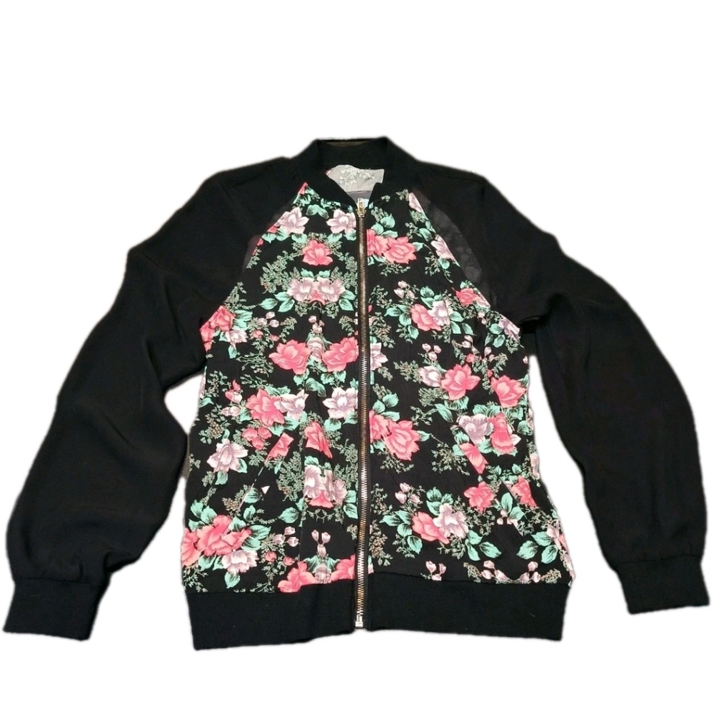 Kendall & Kylie Jacket Floral Sheer Black Sleeves Sz S